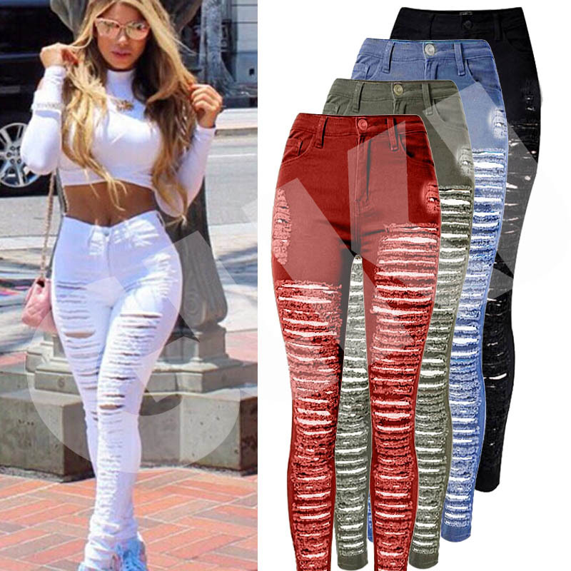 high waisted stretch ripped jeans